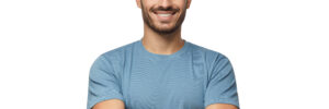 Man in blue teeshirt smiling