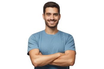 Man in blue teeshirt smiling