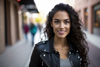 Brunette woman smiling on street